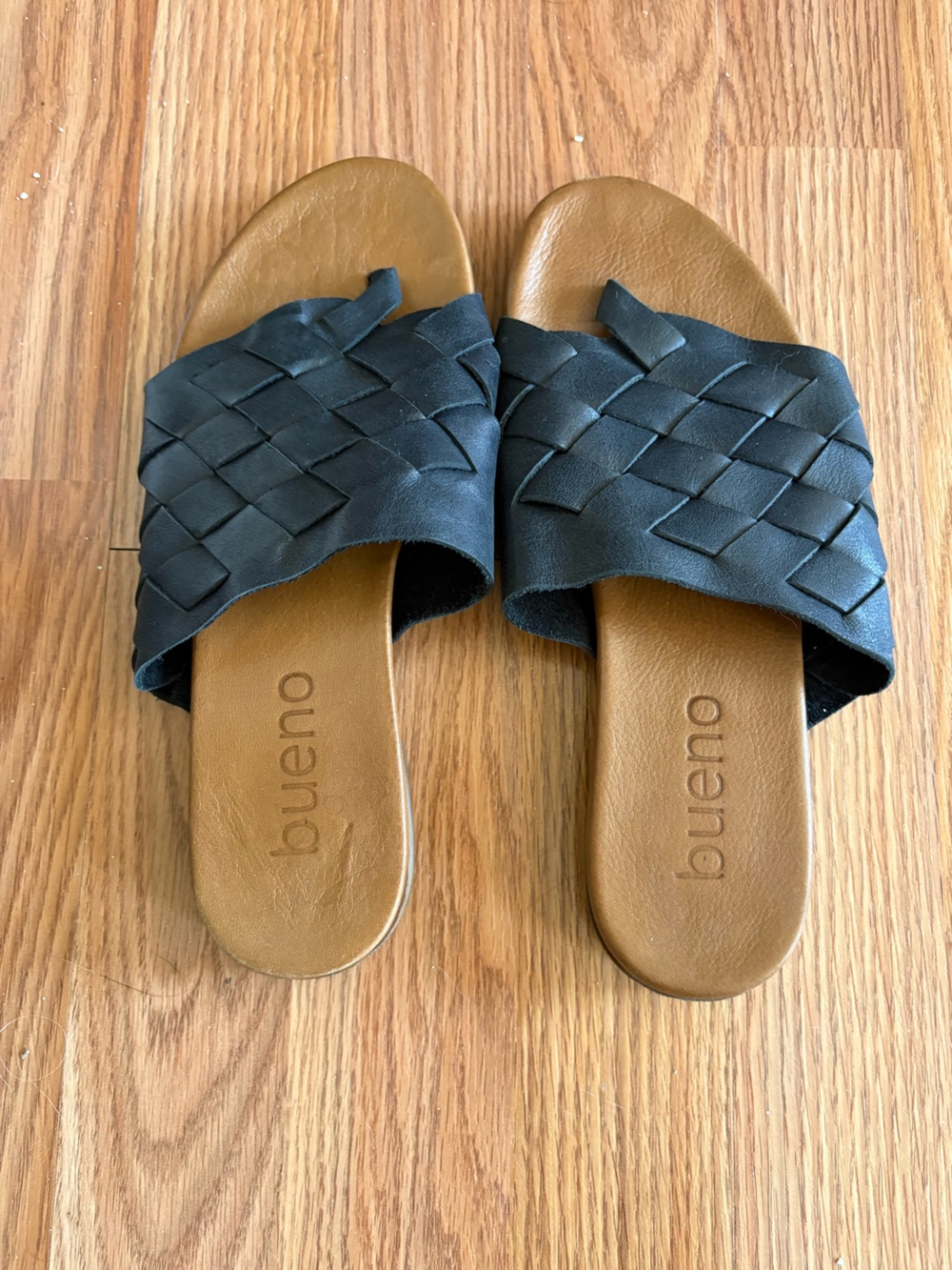 Bueno Tory Black Woven Leather Slide Sandals with Tan Footbed